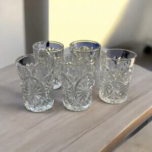 5 Vintage 3.5" Tumblers Antique Indiana Glass Oval Star Clear Juice Pressed